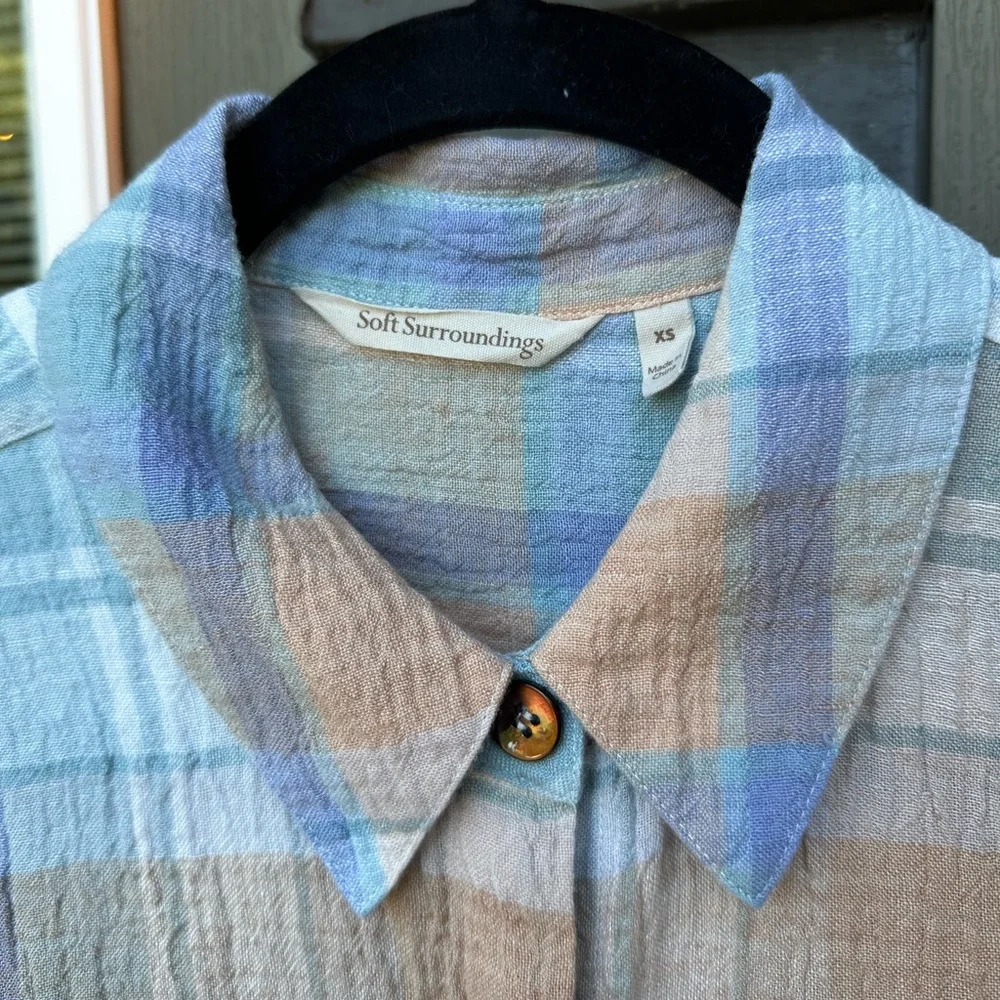 Soft Surroundings Women's Plaid Linen Button Down Shirt Top XS Blue Tan